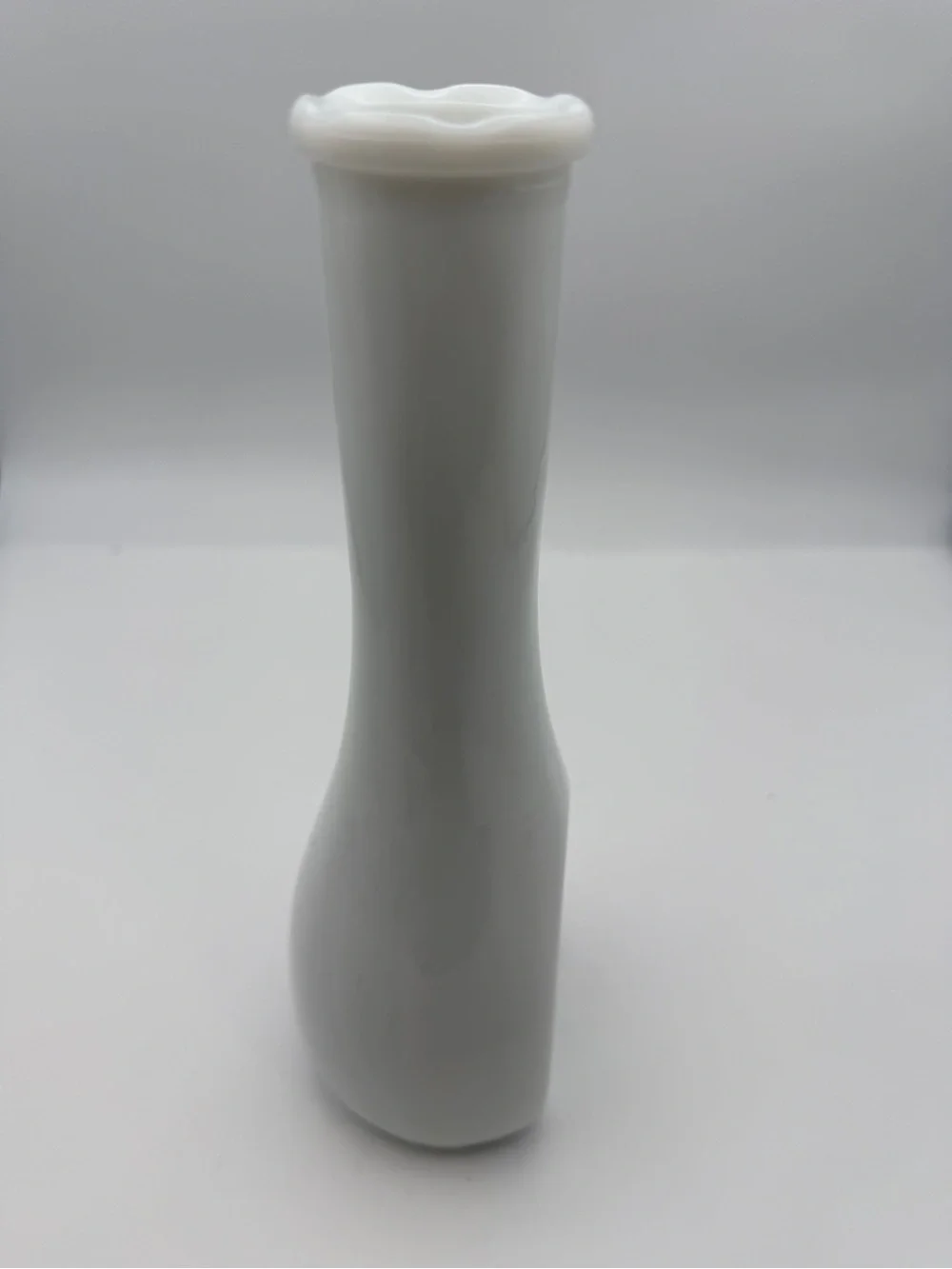 Vintage vase milk glass with embossed vines and scalloped rim